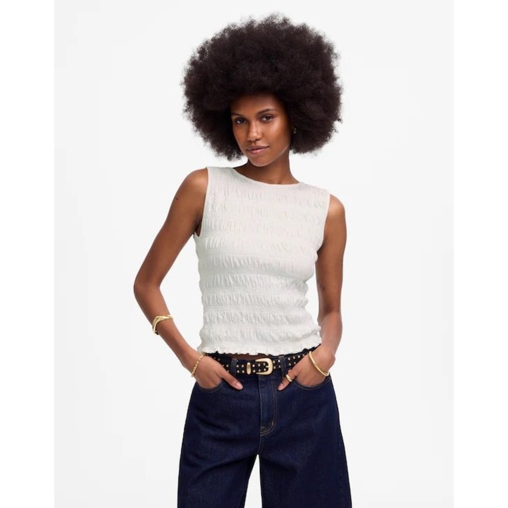 Madewell White Sleeveless Smocked Tank Top